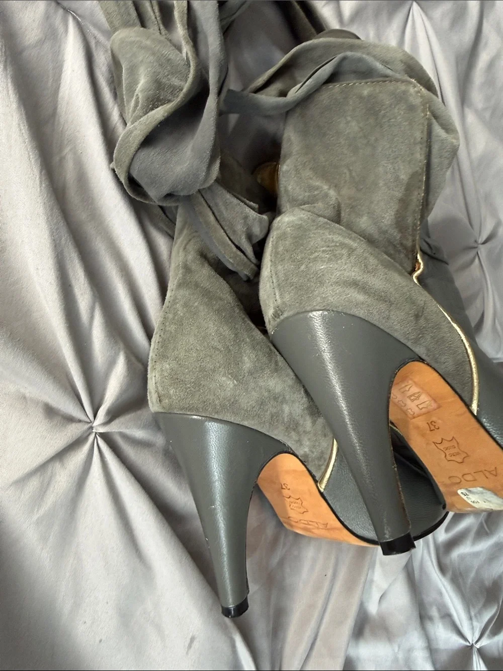 Aldo - Women's Gray Suede & Leather Ankle Boots with Tie Detail - Size 37 (6.5/7